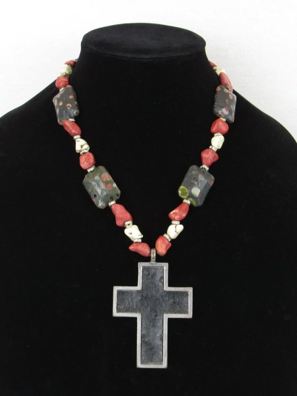 Chunky Beaded Cross Pendant Necklace Red Black Cream Southwestern Boho Statement